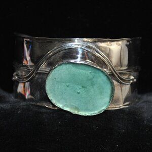 Sterling Silver Avi Soffer G.R.A.S. Modernist Cuff Bracelet with Aqua Blue Glass